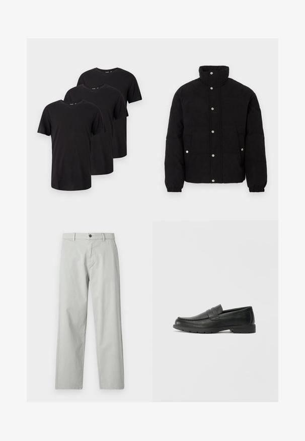 Casaco puffer de cordura preto com botões de pressão, gola alta, bolsos laterais e punhos elásticos sobre um fundo branco.; Três t-shirts pretas de manga curta com decote redondo, dispostas em uma disposição sobreposta em escada sobre um fundo branco.; Calças cinza-claro, de perna reta, feitas de um tecido suave e tecido. Apresentam um fecho frontal com botão e bolsos laterais. Estilo minimalista.; Sapatos mocassins de couro preto com acabamentos lisos, parte superior em estilo mocassins, detalhes em costura e sola de borracha. Design clássico com um salto baixo.