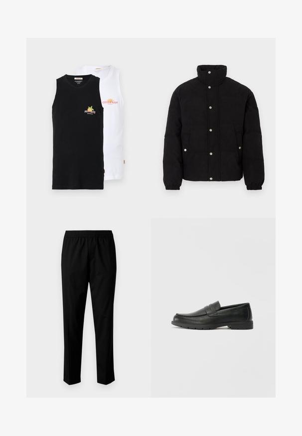 Crni puf jakna od kordura s pritisnim gumbima, visokim ovratnikom, bočnim džepovima i elastičnim manžetama na bijeloj pozadini.; Dva bezrukavnika od pamuka: jedan crni s logom "ANTIBES", a drugi bijeli s logom "CÔTE D'AZUR". Glatka tekstura, domaći stil.; Crne hlače s elastičnim pojasom, s dizajnom ravnih nogavica. Tkanina djeluje glatko s mat teksturom, bez vidljivih uzoraka.; Crne kožne mokasine s glatkom površinom, gornji dio u stilu mokasina, ojačani šavovi i gumeni potplat. Klasičan dizajn s niskom petom.