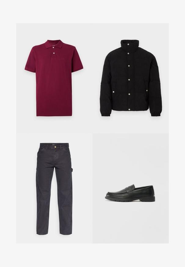 Čierna kordurová puffer bunda so cvokmi, vysokým golierom, bočnými vreckami a elastickými manžetami na bielom pozadí.; Bordový polo tričko vyrobené z bavlny, s dvoma gombíkmi na zapínanie, krátkymi rukávmi a vyšitým logom na hrudi.; Tmavošedé cargo nohavice vyrobené z odolného materiálu, s rovnými nohavicami, piatimi vreckami a gombíkovým zapínaním v páse.; Čierne kožené mokasíny s hladkým povrchom, vrchnou časťou v štýle mokasín, prešitým detailom a gumovou podrážkou. Klasický dizajn s nízkym podpätkom.