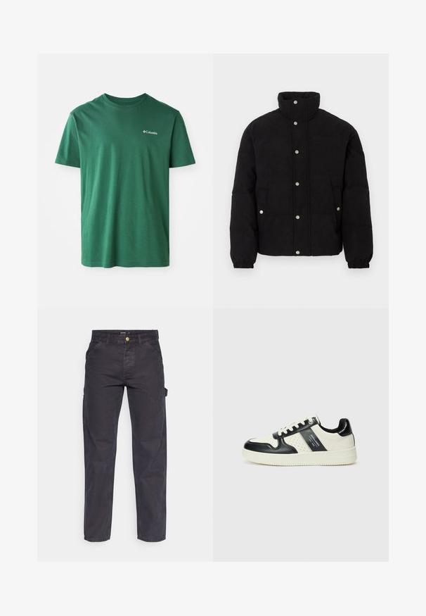 Mustat corduroy-puffatakki, jossa on napit, korkea kaulus, sivutaskut ja elastiset hihat valkoista taustaa vasten.; Vihreä puuvillapaita, jossa on pyöreä pääntie, lyhyet hihnat ja pieni valkoinen Columbia-logo rintamuksessa. Pehmeä textura, rento muotoilu.; Tummanharmaat cargo-housut, jotka on valmistettu kestävästä kankaasta. Niissä on suora lahkeellinen leikkaus, viisi taskua ja nappikiinnitys vyötäröllä.; Nahkakengät musta-kerma värimaailmassa, joissa on rei'itetyt yksityiskohdat, pehmustettu nilkkaosa ja teksturoitu pohja.