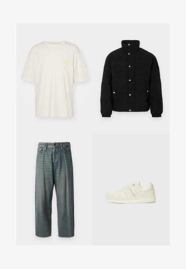 Schwarze Cord-Puffjacke mit Druckknöpfen, hohem Kragen, Seitentaschen und elastischen Manschetten auf weißem Hintergrund.; Jack & Jones JORMERCADO TEE SS CREW NECK - T-Shirt print - buttercream; Helle blaue Denim-Jeans mit lockerer Passform, mittelhoher Taille und geraden Beinen. Hat fünf Taschen, Gürtelschlaufen und einen Knopfverschluss.; Cremefarbene Sneaker mit perforierten Details, Schnürsenkeln und Logo an der Seite, vor einem schlichten weißen Hintergrund präsentiert.
