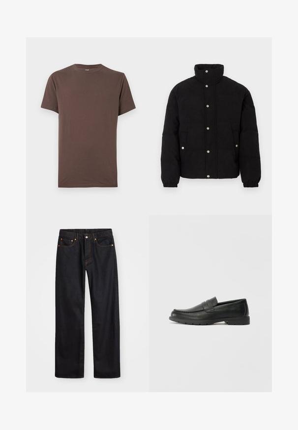 Sort fløjlspufferjakke med trykknapper, høj krave, sidelommer og elastiske manchetter på en hvid baggrund.; Brun bomulds t-shirt med rund hals, korte ærmer og en glat tekstur. Ingen synlige mønstre eller accenter. Standard pasform.; Mænds lige ben sorte denim jeans med fem lommer og orange syninger, knap- og lynlåslukning foran på taljen.; Sorte læderslippers med en glat finish, mokkasin-stil overdel, syninger og gummisål. Klassisk design med en lav hæl.