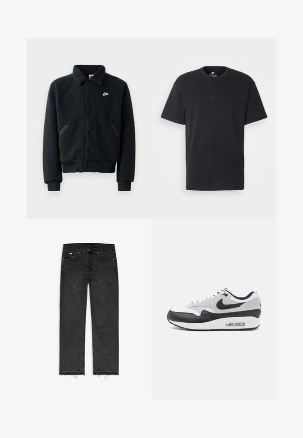 Chaqueta de forro polar negra con cierre de botón, puños acanalados y cintura. Presenta un pequeño logo blanco de Nike en el lado izquierdo del pecho y bolsillos laterales.; Camiseta negra de algodón de Nike con un clásico cuello redondo, mangas cortas y un sutil logo en relieve en el pecho. Textura suave.; Jeans de mezclilla negra con un corte recto, que presentan un dobladillo deshilachado, cinco bolsillos y detalles de costura en contraste.; Zapatilla Nike Air Max 1 con parte superior en blanco y gris, detalles en cuero negro, forma redondeada y amortiguación de aire visible en la suela.