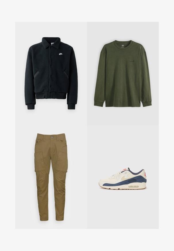 Casaco de polar preto com fecho de botão, punhos e cintura canelados. Apresenta um pequeno logótipo da Nike em branco no lado esquerdo do peito e bolsos laterais.; T-shirt de manga longa e gola redonda em algodão verde escuro. Apresenta um pequeno logótipo preto no peito e punhos canelados. Textura suave.; G-STAR ZIP PKT 3D SKINNY CARGO - Calças cargo - dark olive; Tênis com parte superior em couro creme e camurça azul-marinho, apresentando uma sola de ar visível, solado em borracha bege e um detalhe vermelho no calcanhar.