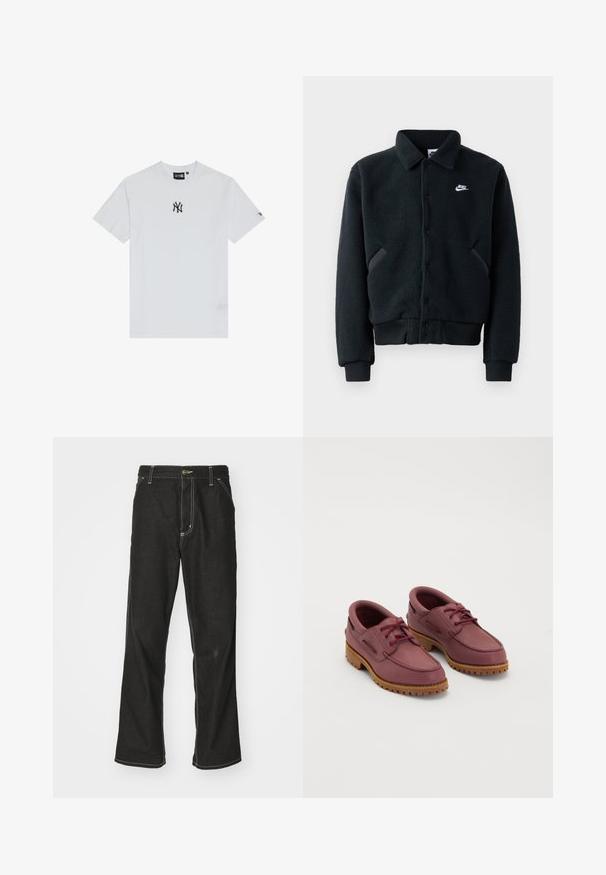Črna flis jakna z gumbom, rebrastimi manšeti in pasom. Ima majhen bel Nike logotip na levem prsnem delu in stranske žepe.; Bela bombažna majica s črnim logotipom na prsih, okrogel izrez in kratkimi rokavi. Preprost dizajn z minimalnimi detajli.; Črne jeans hlače ohlapenega kroja, ki imajo kontrastno belo šivanje, zapiranje na gumb in ravno nogavico.; Par dvojih bordo usnjenih čolnarskih čevljev s debelimi bež gumijastimi podplati in rdečimi vezalkami na belem ozadju.