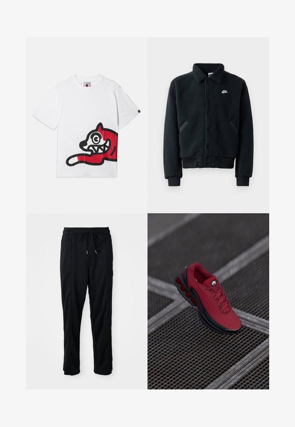 Melna vilnas jaka ar pogu aizdari, ribinātiem elkoņiem un jostasvietu. Iespējas: mazs balts Nike logo kreisajā krūtīs un sānu kabatas.; Balta kokvilnas T-kreklu ar lielu sarkanu un melnu grafiku, attēlojot karikatūru līdzīgu kaķi ar izteiktām acīm un zobiem, novietotu uz sāna.; Melnas bikses ar aukliņu jostas vietā, ar sānu kabatām un taisnu kāju griezumu uz vienkrāsaina fona.; Sarkans čība ar teksturētu virsmu, kurai ir melni akcenti un izteikta gaisa amortizācijas zole. Virsū redzamas auklas un logo.