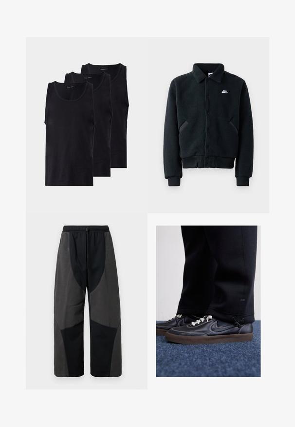Chaqueta de forro polar negra con cierre de botón, puños acanalados y cintura. Presenta un pequeño logo blanco de Nike en el lado izquierdo del pecho y bolsillos laterales.; Camisetas de algodón negras en un paquete de tres, con un escote redondo y un diseño sin mangas, textura suave y un ajuste clásico.; Pantalones negros con acentos de forro polar y un corte relajado, que presentan paneles de tela en gris oscuro en contraste y una cinturilla ajustable con cordón.; Nike Sportswear KILLSHOT 2 LTR PRM OPP2 - Zapatillas - black sail baroque brown mtlc dk grey