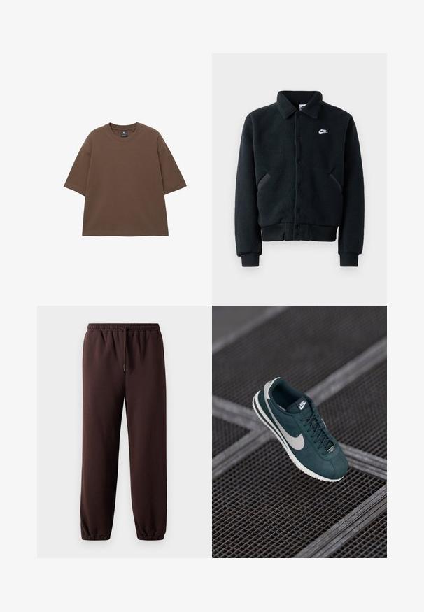 Sort fleecejakke med knaplukning, ribbede ærmer og liv. Har et lille hvidt Nike-logo på venstre bryst og sidelommer.; Brun oversized t-shirt lavet af blød bomuld, med rund halsudskæring og korte ærmer. Sømløst design uden yderligere mønstre eller detaljer.; Brune joggerbukser med snor i taljen, elastiske manchetter og glat bomuldsstof. Har en afslappet pasform og minimal design.; Nike sneakers i mørkegrøn ruskind med grå detaljer, med rund tå, flade snørebånd og en tekstureret gummisål. Logo på tungen.