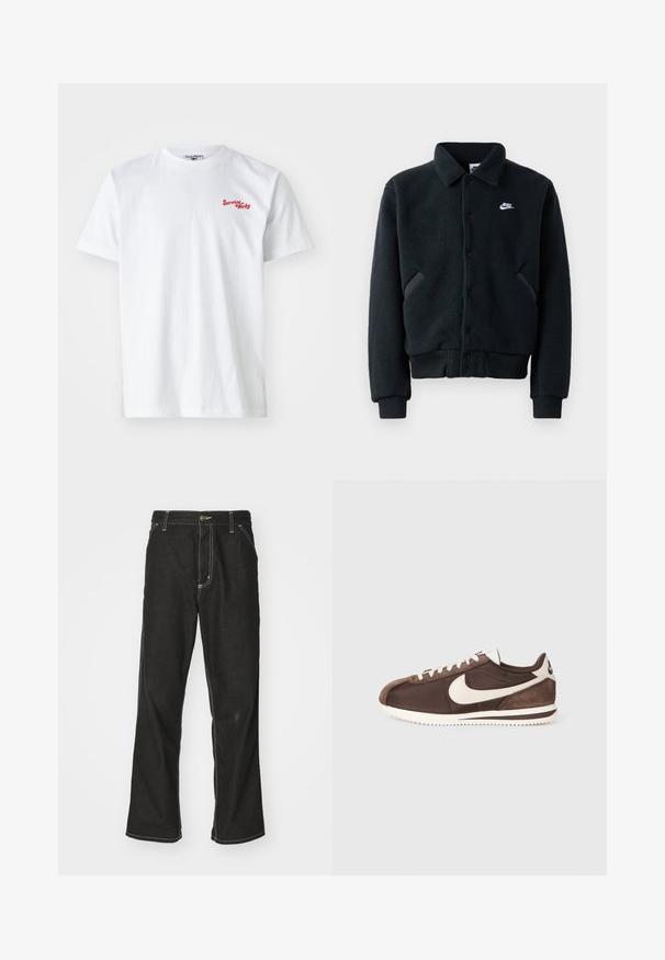 Must mustaga fleece-jakk, millel on nööbid, ribitud randmed ja piht. Vasakpoolsel rinnal on väike valge Nike logo ja küljetaskud.; Valge puuvillane T-särk lühikeste varrukatega, millel on vasakul rinnal punane tikandiga tekst "Service Works". Klassikaline ümmargune kaelus.; Mustadest denimist püksid, lahtise lõikega, kontrastsete valgete õmblustega, nööbiga kinnitamine ja sirge säär.; Pruunid spordijalatsid, mis on valmistatud segu suedes ja kanvasest, valge Nike swoosh logo ning tekstuurse kummist tallaga.
