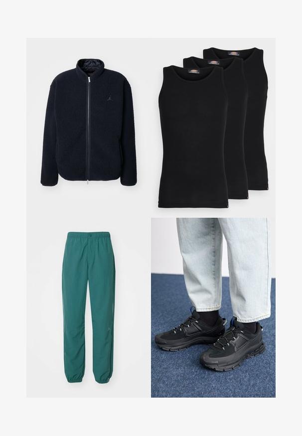 Námornícky fleecová bunda s vysokým golierom, zipsovým uzáverom a detailom loga. Mäkká textúra a dlhé rukávy, vhodná na bežné nosenie.; Čierne tielka v balení po troch kusoch. Ríflový povrch, klasický okrúhly výstrih, bez rukávov. Lem obsahuje malé logo značky na spodnej strane.; Tyrkysové športové nohavice s elastickým pásom, so sťahovacou šnúrkou a zúženými manžetami. Obsahujú jemné logo blízko lemu. Ľahký materiál.; Čierne športové topánky s textúrovanou tkaninou a gumovou podrážkou, so elastickými šnúrkami a modrým akcentom na päte. Nosia sa s svetlými riflami.