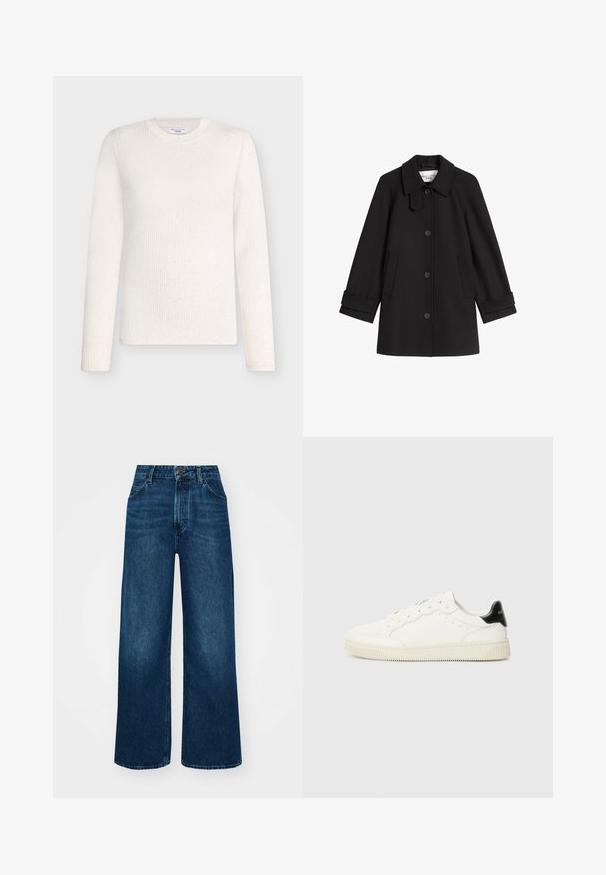 Zwart wollen jas met een kraag, sluiting met knopen aan de voorkant en zijzakken. Voorzien van opgerolde mouwen en een rechte silhout.; Geribbelde, lange mouwen trui in off-white, met een ronde hals en subtiele textuurpatronen over het hele oppervlak.; Hoge taille, wijde jeans in donkerblauwe denim met een gladde textuur, contraststiksels en een vijf-pocket ontwerp. Sluiting met een knoop aan de voorkant.; Witte leren sneakers met ronde neuzen, vetersluiting, geperforeerde details en een zwarte hakaccent. Gewelfde rubberen zool.