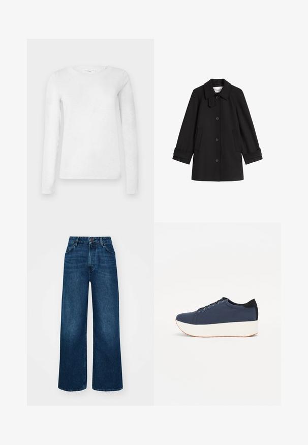 Schwarzer Wollmantel mit Kragen, vorderem Knopfverschluss und Seitentaschen. Verfügt über umgeschlagene Ärmel und eine gerade Silhouette.; Weißes Langarm-Baumwoll-T-Shirt für Frauen mit Rundhalsausschnitt, auf einem schlichten weißen Hintergrund präsentiert.; Hochtaillierte, weit geschnittene Jeans in dunkelblauem Denim mit glatter Textur, Kontrastnähten und einem Fünf-Taschen-Design. Verschluss mit einem Frontknopf.; Dunkelblaue Sneaker mit einem strukturierten Obermaterial, weißer Plattformsohle, runder Zehenpartie und schwarzem Fersenakzent. Verfügt über sechs Ösen für die Schnürsenkel.