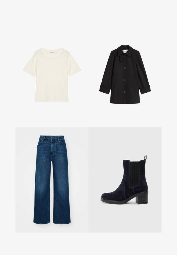 Cappotto di lana nero con colletto, chiusura frontale con bottoni e tasche laterali. Presenta maniche con polsini e una silhouette dritta.; T-shirt off-white a maniche corte realizzato in morbido tessuto testurizzato con scollatura rotonda e vestibilità comoda. Nessun logo o dettaglio aggiuntivo presente.; Jeans a vita alta e gamba larga in denim blu scuro con una texture liscia, cuciture a contrasto e design a cinque tasche. Chiusura frontale con bottone.; Stivaletti alla caviglia in camoscio blu navy con pannello elastico laterale, punta tonda e tacco a blocco. Il tessuto testurizzato e la suola liscia aggiungono contrasto.