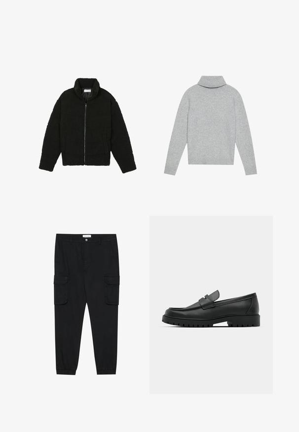 Fekete, bolyhos, cipzáras kabát texturált fleece anyagból. Magas gallérral és oldalzsebekkel rendelkezik. Téglalap alakú test és hosszú ujjak.; Világosszürke garbópulóver bordás nyakkal és mandzsettákkal, puha kötött anyagból készült. Légerősített szabással és egyszínű kivitelezéssel rendelkezik.; Fekete cargo nadrág egyenes lábakkal, rugalmas mandzsettákkal és több oldalsó zsebbel. Texturált anyagból készült, gombos záródással.; Fekete bőr loafer cipők kerek orral, varrott mintázattal, alacsony platformtalpú és texturált, barázdált gumitalppal.