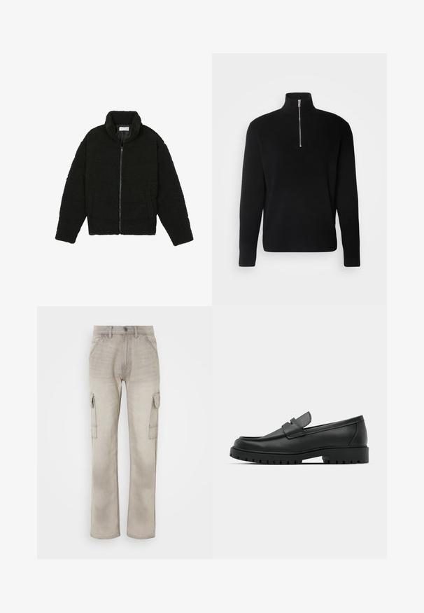 Schwarze, flauschige Jacke mit Reißverschluss aus strukturiertem Fleece-Stoff. Verfügt über einen hohen Kragen und Seitentaschen. Rechteckige Körperform mit langen Ärmeln.; Lindbergh HALF ZIP - Strickpullover - black; Beige Cargo-Hosen aus Denim, mit zwei seitlichen Taschen, einem geraden Schnitt und sichtbaren Nähten. Strukturierte Oberfläche mit einem ausgewaschenen Look.; Schwarze Lederloafer mit runder Zehenform, ausgestattet mit einem gesteppten Design, niedrigem Plattformsohle und einer strukturierten, genoppten Gummisohle.