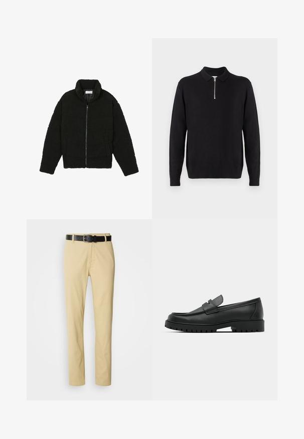 Musta, pörröinen vetoketjullinen takki, valmistettu teksturoidusta fleecemateriaalista. Siinä on korkea kaulus ja sivutaskut. Suorakaiteen muotoinen vartalo ja pitkät hihat.; Musta neulepusero, jossa on vetoketjulla suljettava kaulus, pitkät hihat, ribbireunukset ja helma, valmistettu pehmeästä ja sileästä kankaasta.; Vaaleat puuvillahousut suoralinjaisella muotoilulla, joita pidetään paikallaan mustalla nahkavyöllä, jossa on hopeinen solki.; Musta nahkaloafers, joissa on pyöreä kärki, ommeltu pinta, matala alusta ja kuvioitu, kuminen ulkopohja.