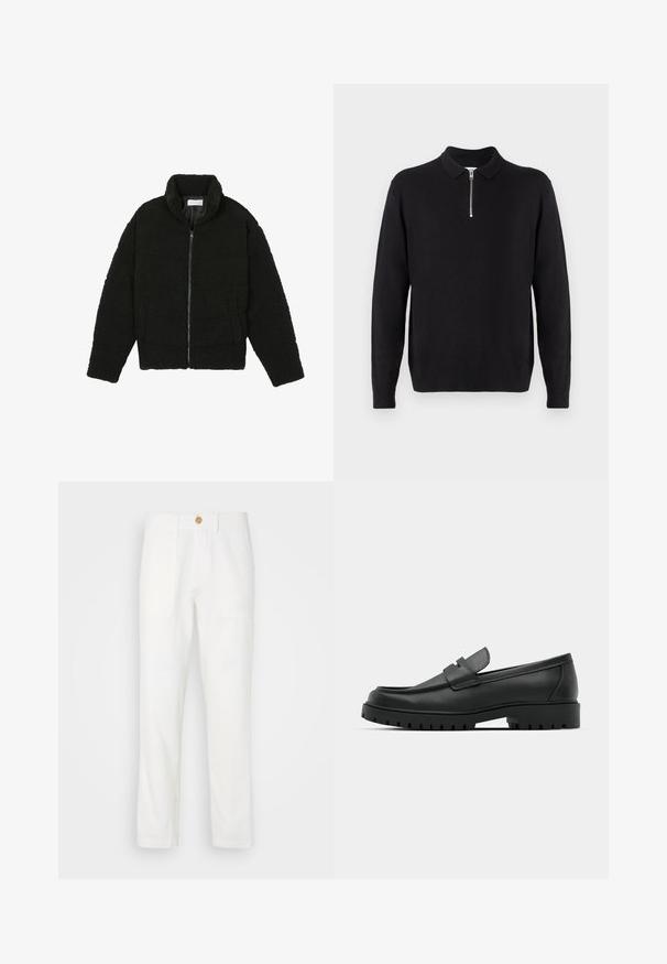 Must, kohev lukuga jope, valmistatud tekstureeritud fliiskangast. Omadusteks kõrge krae ja küljetaskud. Ristkülikukujuline keha pikkade varrukatega.; Must mustriga mustri, millel on lukuga kaelus, pikad varrukad, soonikkoesed ja ääred, valmistatud pehmest ja sujuvast kangast.; Valged kangast püksid sirge lõikega, millel on kaks esimest taskut ja nööbiga sulgemine. Sile tekstuur ja puhas disain.; Mustad musta nahast loafers, millel on ümar varvas, tikandiga disain, madal platvorm-soon ja tekstureeritud, soonikkummist välistald.