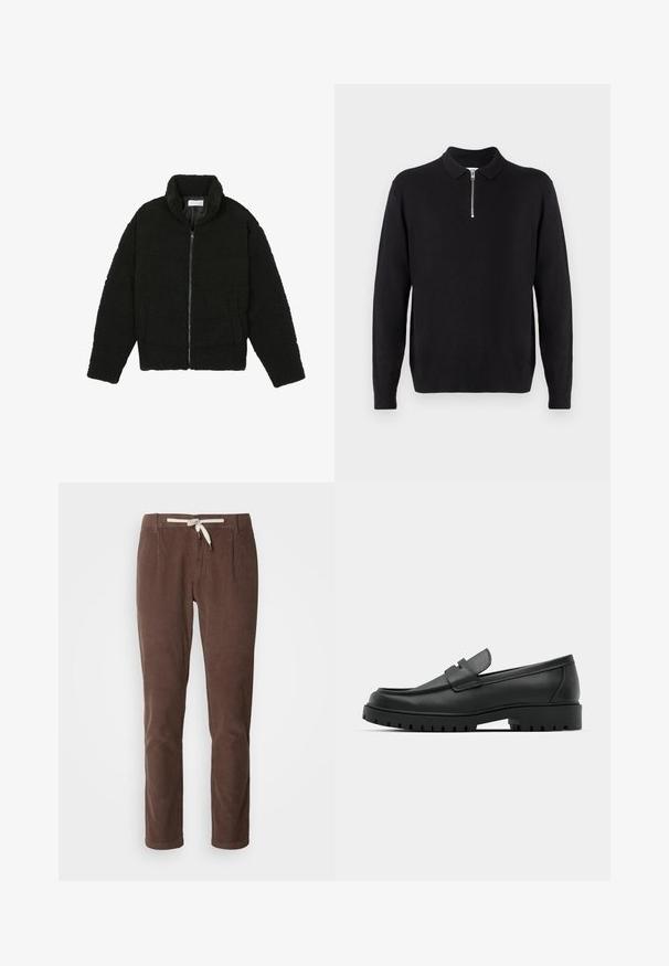 Svart, fluffig jacka med dragkedja gjord av texturerat fleecetyg. Har en hög krage och sidofickor. Rektangulär kroppssiluett med långa ärmar.; Svart pullover med dragkedja i kragen, långa ärmar, ribbade mudd och fåll, tillverkad av ett mjukt och slätt tyg.; Lindbergh CROPPED PANTS - Tygbyxor - deep brown; Svarta lädersneakers med rund tå, med en sydd design, låg plattformssula och en texturerad, mönstrad gummisula.