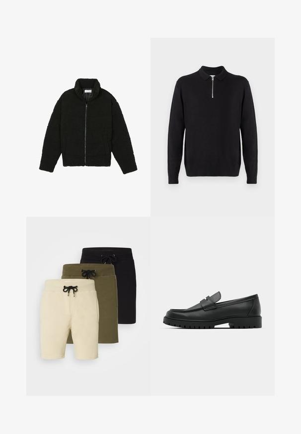 Musta, pörröinen vetoketjullinen takki, valmistettu teksturoidusta fleecemateriaalista. Siinä on korkea kaulus ja sivutaskut. Suorakaiteen muotoinen vartalo ja pitkät hihat.; Musta neulepusero, jossa on vetoketjulla suljettava kaulus, pitkät hihat, ribbireunukset ja helma, valmistettu pehmeästä ja sileästä kankaasta.; Kolme paria shortseja vaaleanruskeana, oliivinvihreänä ja mustana. Jokaisessa on kiristysnauha vyötäröllä ja taskut, ja ne on valmistettu pehmeästä, venyvästä kankaasta.; Musta nahkaloafers, joissa on pyöreä kärki, ommeltu pinta, matala alusta ja kuvioitu, kuminen ulkopohja.