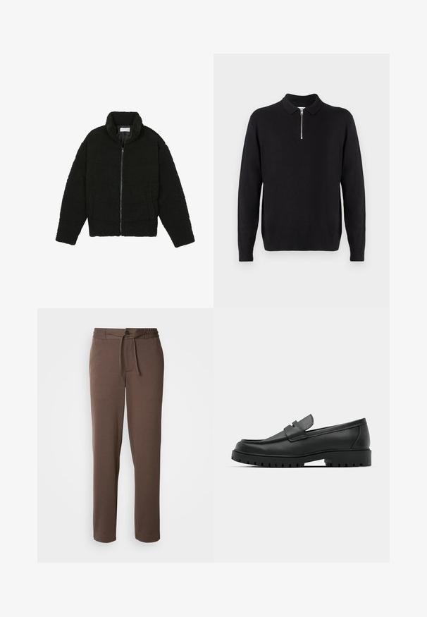Crna, mekana jakna na patent izrađena od tkanine teksturiranog flisa. Ima visok ovratnik i bočne džepove. Pravokutnog je kroja s dugim rukavima.; Crni pulover s patentnim zatvaračem na ovratniku, dugim rukavima, rebrastim rubovima i hemom, izrađen od mekog, glatkog materijala.; Smeđe trenirke izrađene od mekog materijala, s pojasom na vezanje, kopčanjem na dugme i ravnim nogavicama bez vidljivih uzoraka ili akcenata.; Crne kožne mokasine s zaobljenim vrhom, s ušivenim dizajnom, niskom platformom i teksturiranim, gumenim potplatom s izbočinama.
