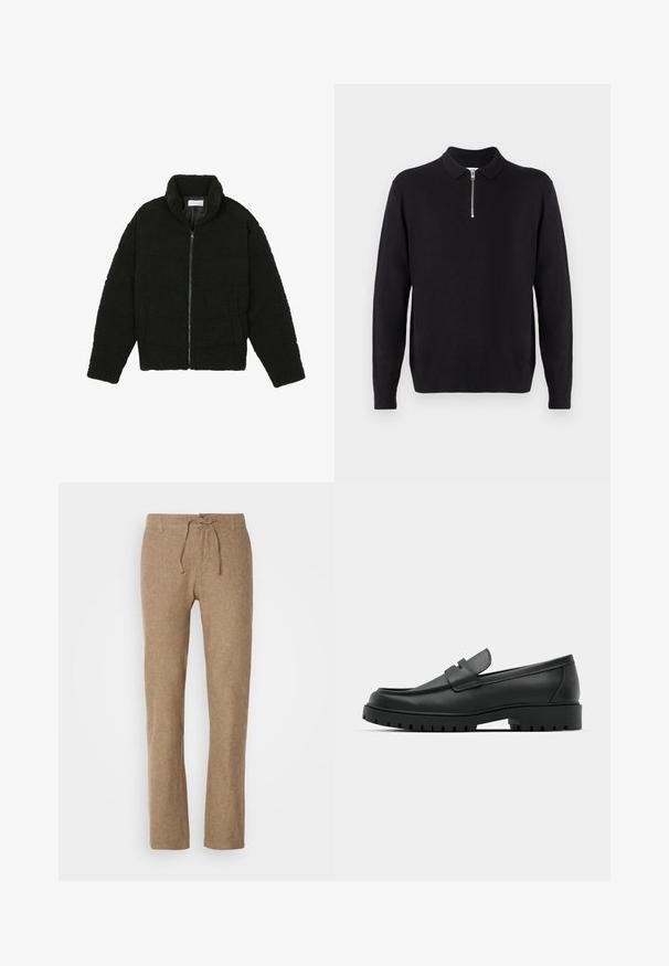 Must, kohev lukuga jope, valmistatud tekstureeritud fliiskangast. Omadusteks kõrge krae ja küljetaskud. Ristkülikukujuline keha pikkade varrukatega.; Must mustriga mustri, millel on lukuga kaelus, pikad varrukad, soonikkoesed ja ääred, valmistatud pehmest ja sujuvast kangast.; Heledest pruunist linast valmistatud püksid, millel on paelaga vöökoht, sirged sääred ning tekstuurne kangas. Taskuteta või täiendavate detailideta.; Mustad musta nahast loafers, millel on ümar varvas, tikandiga disain, madal platvorm-soon ja tekstureeritud, soonikkummist välistald.