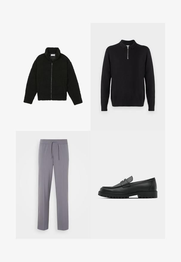 Fekete, bolyhos, cipzáras kabát texturált fleece anyagból. Magas gallérral és oldalzsebekkel rendelkezik. Téglalap alakú test és hosszú ujjak.; Fekete pulóver, cipzáras gallérral, hosszú ujjakkal, bordázott mandzsettával és aljjal, puha, sima anyagból készült.; Szürke, rugalmas nadrág lapos elülső résszel, elasztikus derékpánttal és zsinórral, egyenes lábakkal és sima textúrával.; Fekete bőr loafer cipők kerek orral, varrott mintázattal, alacsony platformtalpú és texturált, barázdált gumitalppal.