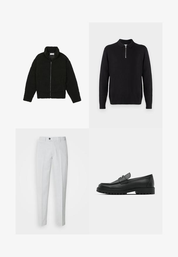 Black, fluffy, zip-up jacket made from textured fleece fabric. Features a high collar and side pockets. Rectangular body shape with long sleeves.; Black pullover sweater with a zippered collar, long sleeves, ribbed cuffs and hem, made of a soft, smooth fabric.; Light gray trousers made of textured fabric, featuring a button closure, flat front, and tapered legs for a streamlined fit.; Black leather loafers with a rounded toe, featuring a stitched design, low platform sole, and a textured, lugged rubber outsole.