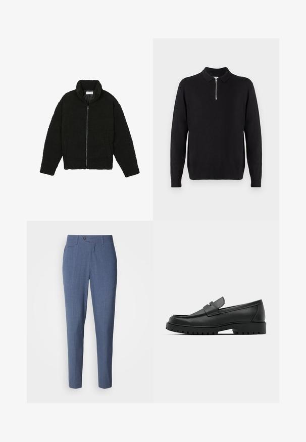 Jachetă neagră, pufoasă, cu fermoar, fabricată din material fleece texturat. Are un guler înalt și buzunare laterale. Formă dreptunghiulară a corpului cu mâneci lungi.; Pulover negru cu guler cu fermoar, mâneci lungi, manșete și tiv striate, realizat dintr-un material moale și neted.; Pantaloni bleu deschis cu croi ajustat, având o textură netedă, buzunare frontale, închidere cu nasture și pliuri pe față.; Mocasini din piele neagră cu vârful rotunjit, având un design cusut, talpă joasă și o talpă din cauciuc texturat, cu crampoane.