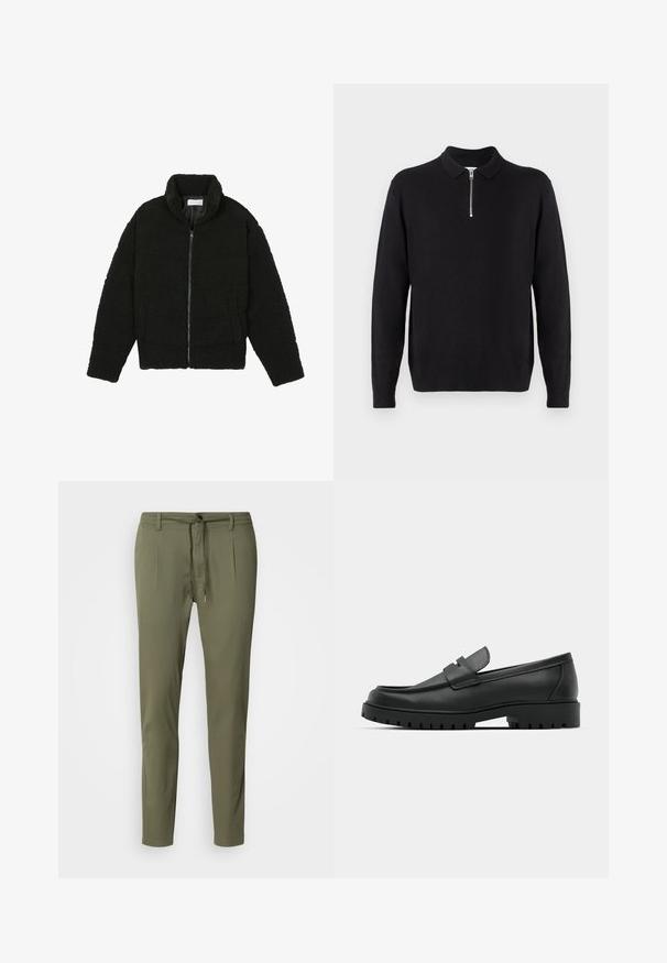 Veste noire duveteuse avec fermeture éclair, fabriquée en tissu polaire texturé. Comprend un col montant et des poches latérales. Forme rectangulaire du corps avec manches longues.; Pull noir à col zippé, à manches longues, avec des poignets et un ourlet côtelés, fabriqué dans un tissu doux et lisse.; Pantalons vert olive en tissu léger, avec taille élastique à cordon, deux plis frontaux et coupe fuselée. Texture lisse.; Mocassins en cuir noir à bout arrondi, avec un design cousu, une semelle plateforme basse et une semelle en caoutchouc texturée et crantée.