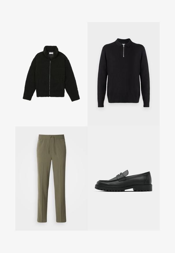 Črna, puhasta jakna z zadrgo, narejena iz teksturirane flis tkanine. Ima visok ovratnik in stranske žepe. Pravokotna oblika telesa z dolgimi rokavi.; Črn pulover s kapuco in zadrgo, dolgimi rokavi, rebrastimi manšeti in robom, izdelan iz mehke, gladke tkanine.; Olivno zelene, lahke hlače z elastičnim pasom in nastavljivim vrvico; naravnost krojen model in gladka tekstura.; Črne usnjene loafers čevlje z zaobljenim nosom, ki imajo šivano zasnovo, nizko platformo in teksturiran, profiliran gumijast podplat.