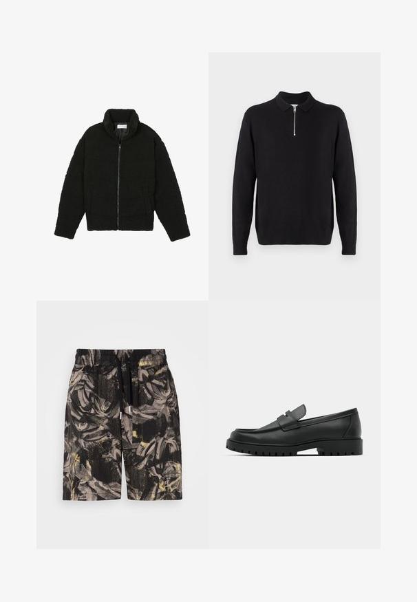 Giacca nera, soffice e con chiusura a zip, realizzata in tessuto in pile testurizzato. Presenta un collo alto e tasche laterali. Forma del corpo rettangolare con maniche lunghe.; Maglione nero a pullover con colletto con zip, maniche lunghe, polsini e orlo a coste, realizzato in un tessuto morbido e liscio.; Pantaloni corti neri con un audace motivo astratto di foglie nei toni grigi e gialli. Presentano una vita elasticizzata e un cordoncino per una vestibilità regolabile.; Mocassini in pelle nera con punta rotonda, caratterizzati da un design cucito, suola piatta bassa e un battistrada in gomma testurizzata e scolpita.