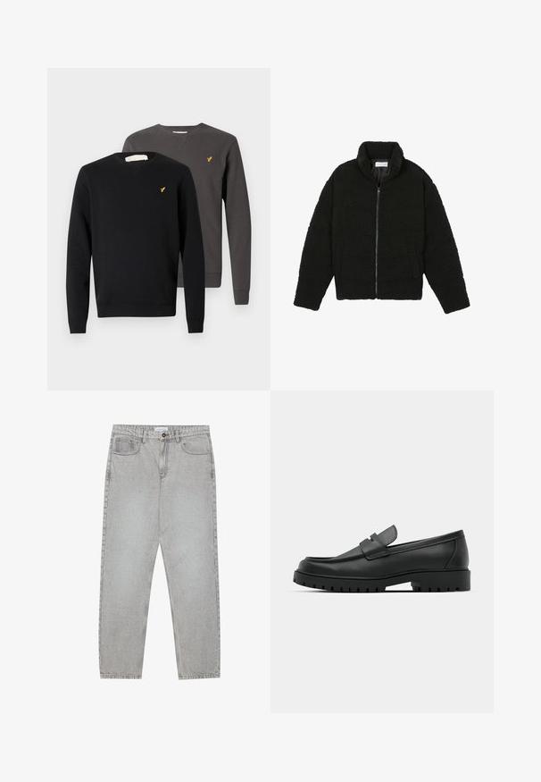 Svart, fluffig jacka med dragkedja gjord av texturerat fleecetyg. Har en hög krage och sidofickor. Rektangulär kroppssiluett med långa ärmar.; Två crew neck-sweatshirts, en svart och en kolgrå, tillverkade av mjuk tyg med en liten gul logotyp på bröstet och ribbade ärmslut.; Ljusgrå denimbyxor med rak benform, femficksdesign och knappstängning. Synliga sömmar längs sömmarna.; Svarta lädersneakers med rund tå, med en sydd design, låg plattformssula och en texturerad, mönstrad gummisula.