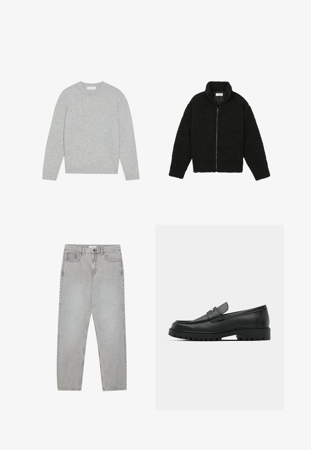 Giacca nera, soffice e con chiusura a zip, realizzata in tessuto in pile testurizzato. Presenta un collo alto e tasche laterali. Forma del corpo rettangolare con maniche lunghe.; Pullover in lana grigia chiara con scollo rotondo, maniche lunghe e polsini e orlo ribattuti. Texture morbida con un design solido e minimale.; Pantaloni in denim grigio chiaro con design a gamba dritta, stile a cinque tasche e chiusura con bottone. Cuciture visibili lungo le cuciture.; Mocassini in pelle nera con punta rotonda, caratterizzati da un design cucito, suola piatta bassa e un battistrada in gomma testurizzata e scolpita.