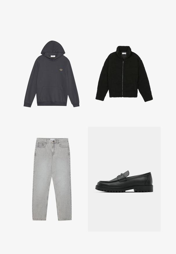 Black, fluffy, zip-up jacket made from textured fleece fabric. Features a high collar and side pockets. Rectangular body shape with long sleeves.; Pier One Hoodie - dark grey; Light grey denim pants with a straight-leg design, five-pocket styling, and a button closure. Visible stitching along the seams.; Black leather loafers with a rounded toe, featuring a stitched design, low platform sole, and a textured, lugged rubber outsole.