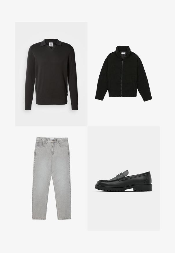 Svart, fluffy glidelåsjakke laget av teksturert fleece-stoff. Har høy krage og sidelommer. Rektangulær kropp med lange ermer.; Svart langermet genser med V-hals og kragedesign. Laget av et glatt strikket stoff, med ribbestrikkede mansjetter og nederkant.; Lys grå denimbukser med rett ben-design, fem lommer og knappelukking. Synlig søm langs sømmene.; Sorte lærloafere med rund tå, med en syddesign, lav plattformsåle og en teksturert, ruggede gummisåle.