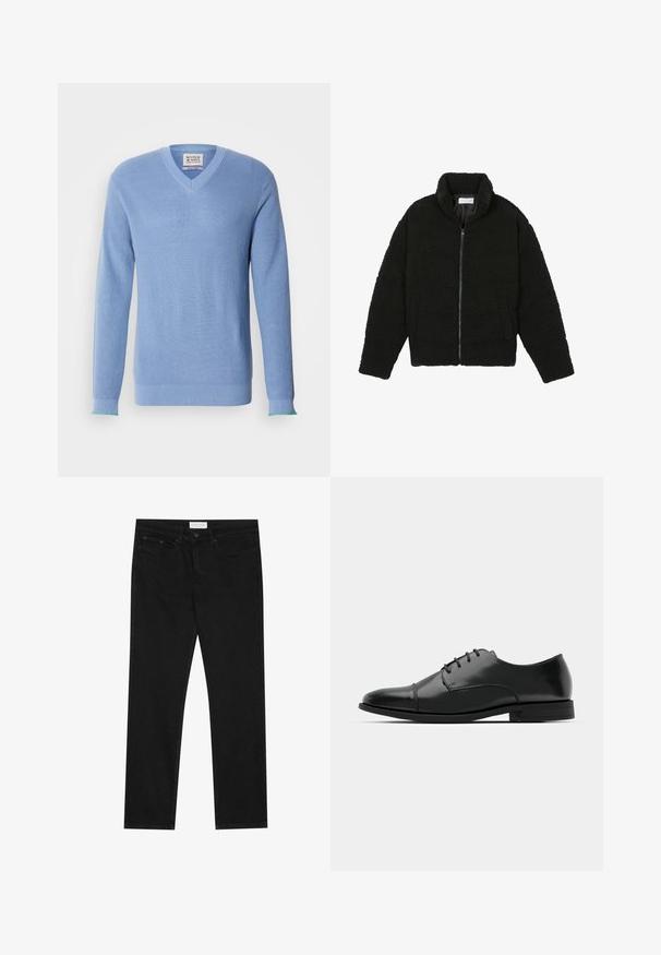 Pier One Flísová bunda - black; Svetlomodrý sveter s výstrihom do V a rebrovanou textúrou, dlhé rukávy a kontrastné zelené akcenty na manžetách. Obsahuje štítok na golieri.; Čierne džínsy rovného strihu s piatimi vreckami, zapínanie na gombík a zips a s etiketou značky Pier One na páse.; Čierne kožené spoločenské topánky s okrúhlou špičkou, šnurovací dizajn, jemné prešívanie a nízky podpätok. Hladká štruktúra s lesklým povrchom.