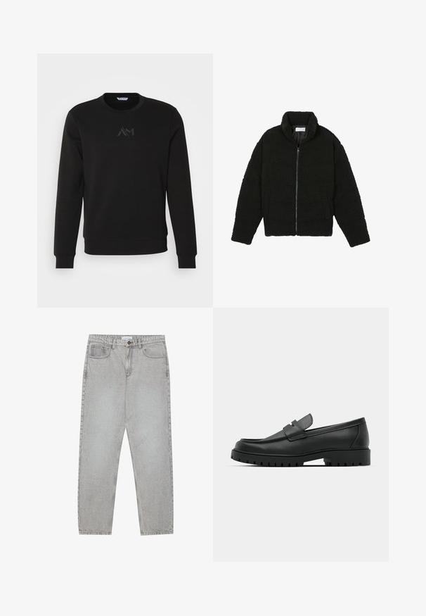 Giacca nera, soffice e con chiusura a zip, realizzata in tessuto in pile testurizzato. Presenta un collo alto e tasche laterali. Forma del corpo rettangolare con maniche lunghe.; Felpa nera in cotone, con colletto rotondo, maniche lunghe e logo tonale sul petto. Tessuto morbido con polsini a coste.; Pantaloni in denim grigio chiaro con design a gamba dritta, stile a cinque tasche e chiusura con bottone. Cuciture visibili lungo le cuciture.; Mocassini in pelle nera con punta rotonda, caratterizzati da un design cucito, suola piatta bassa e un battistrada in gomma testurizzata e scolpita.