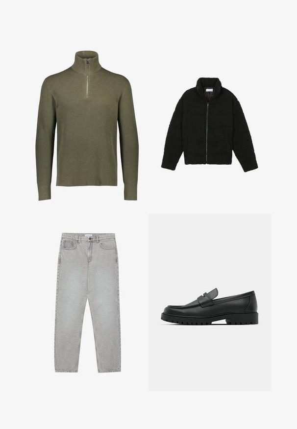 Black, fluffy, zip-up jacket made from textured fleece fabric. Features a high collar and side pockets. Rectangular body shape with long sleeves.; Olive green ribbed knit pullover with a high collar and quarter-zip closure. Features long sleeves and a textured finish.; Light grey denim pants with a straight-leg design, five-pocket styling, and a button closure. Visible stitching along the seams.; Black leather loafers with a rounded toe, featuring a stitched design, low platform sole, and a textured, lugged rubber outsole.