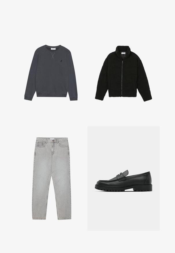 Casaco preto, fofo, com fecho e confeccionado em tecido de lã texturizada. Apresenta gola alta e bolsos laterais. Forma retangular no corpo com mangas compridas.; Sweatshirt cinza escuro, material de algodão, gola redonda, mangas longas, apresenta detalhe de costura em X na gola, pequeno logo no lado esquerdo do peito.; Calças de ganga cinza claro com um design de perna reta, estilo de cinco bolsos e fecho com botão. Costura visível ao longo das costuras.; Sapatilhas de couro preto com bico arredondado, apresentando um design cosido, sola de plataforma baixa e um solado de borracha texturizado e com cravos.