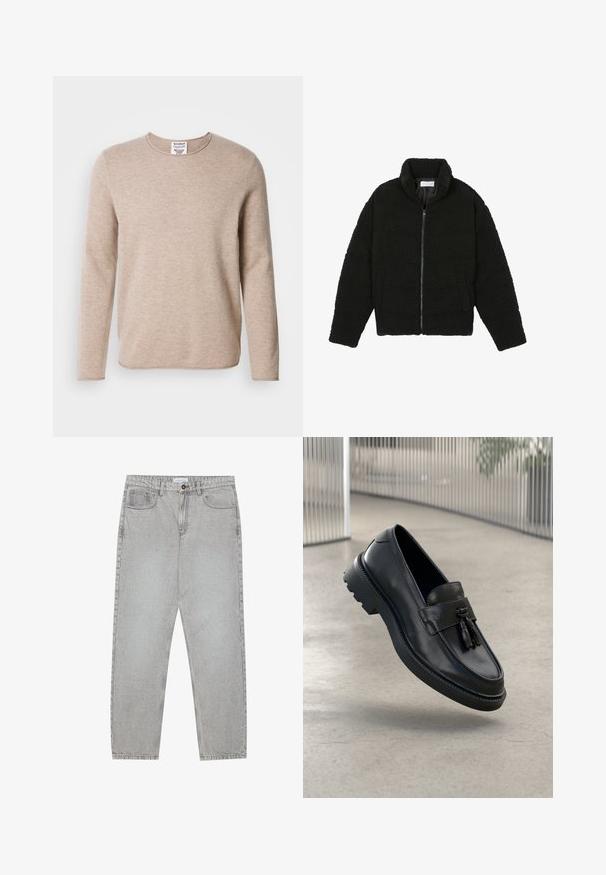 Black, fluffy, zip-up jacket made from textured fleece fabric. Features a high collar and side pockets. Rectangular body shape with long sleeves.; Beige long-sleeve sweater made of soft fabric with a round neckline and straight hem. Features a textured knit and minimalistic design.; Light grey denim pants with a straight-leg design, five-pocket styling, and a button closure. Visible stitching along the seams.; Black leather loafers with a smooth finish, decorative tassel, thick rubber sole, and stitched accents. Lightweight and sleek design.