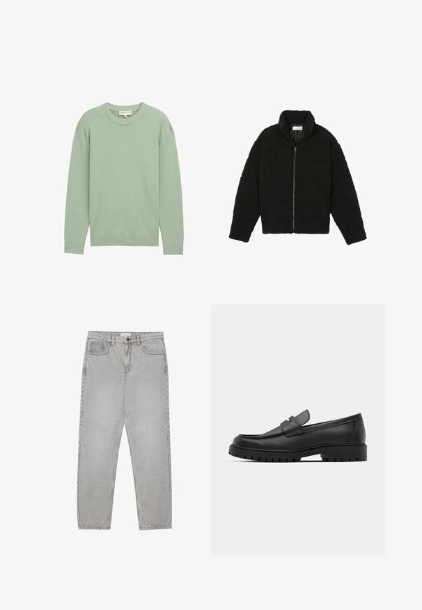 Čierna, nadýchaná bunda na zips vyrobená z textúrovaného fleecového materiálu. Má vysoký golier a bočné vrecká. Obdĺžnikový tvar tela s dlhými rukávmi.; Svetlozelený, dlhý sveter s dlhými rukávmi, okrúhlym výstrihom a rebrovanými manžetami a spodným okrajom, prezentovaný na jednoduchom pozadí.; Svetlošedé denimové nohavice s rovným strihom, piatimi vreckami a zapínaním na gombík. Viditeľné švy pozdĺž švov.; Čierne kožené mokasíny s okrúhlou špičkou, s prešitým dizajnom, nízkou platformou a textúrovanou, zúbkovanou gumovou podrážkou.