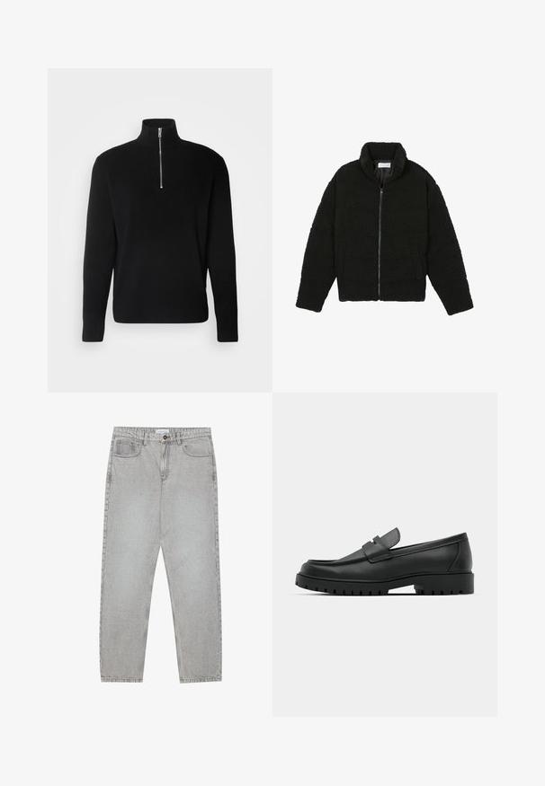 Czarna, puszysta kurtka zapinana na zamek, wykonana z teksturowanego polaru. Posiada wysoki kołnierz i boczne kieszenie. Prostokątny kształt sylwetki z długimi rękawami.; Lindbergh - Sweter; Jasnoszare dżinsy o prostym kroju nogawki, z pięcioma kieszeniami i zapięciem na guzik. Widoczne szwy wzdłuż szwów.; Czarne skórzane mokasyny z zaokrąglonym noskiem, posiadające przeszywany wzór, niską platformę oraz teksturowaną, gumową podeszwę z bieżnikiem.