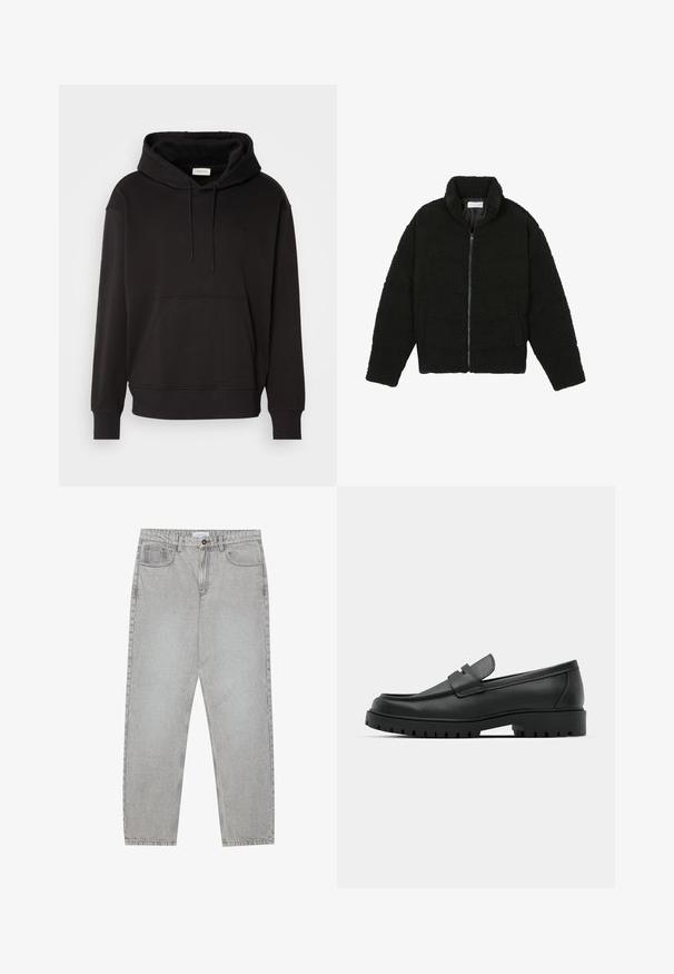 Must, kohev lukuga jope, valmistatud tekstureeritud fliiskangast. Omadusteks kõrge krae ja küljetaskud. Ristkülikukujuline keha pikkade varrukatega.; Must musta pehmeast puuvillasegust, millel on kenguropocket, reguleeritavad nöörid ning ribakuduvarrukad ja -ääred. Esiküljel on broderitud logo.; Heledad hallide denimpüksid otse säärekujundusega, viie-taskulise stiliseerimise ja nupukinnitusega. Nähtav õmblus kõrvuti.; Mustad musta nahast loafers, millel on ümar varvas, tikandiga disain, madal platvorm-soon ja tekstureeritud, soonikkummist välistald.