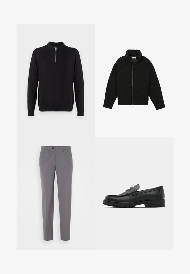 Zwarte, pluizige jas met ritssluiting gemaakt van gestructureerde fleece stof. Heeft een hoge kraag en zijzakken. Rechthoekige lichaamsvorm met lange mouwen.; Zwarte pullover trui met een ritskraag, lange mouwen, ribgebreide manchetten en zoom, gemaakt van een zachte, gladde stof.; Grijze op maat gemaakte broeken met een gladde textuur, rechte pijpen, sluiting met één knop en voorzakken. Geen zichtbare patronen of accenten.; Zwarte leren instappers met een ronde neus, voorzien van een gestikt ontwerp, een lage platformzool en een gestructureerde, grof rubberen buitenzool.