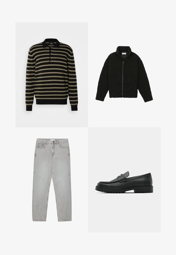 Black, fluffy, zip-up jacket made from textured fleece fabric. Features a high collar and side pockets. Rectangular body shape with long sleeves.; Black and olive green striped sweater with a polo collar, three-button placket, and ribbed cuffs and hem. Soft fabric texture.; Light grey denim pants with a straight-leg design, five-pocket styling, and a button closure. Visible stitching along the seams.; Black leather loafers with a rounded toe, featuring a stitched design, low platform sole, and a textured, lugged rubber outsole.