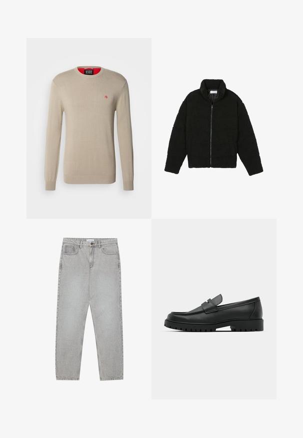 Black, fluffy, zip-up jacket made from textured fleece fabric. Features a high collar and side pockets. Rectangular body shape with long sleeves.; Beige knitted sweater with long sleeves, round neckline, and a small red logo on the chest. Features ribbed cuffs and hem.; Light grey denim pants with a straight-leg design, five-pocket styling, and a button closure. Visible stitching along the seams.; Black leather loafers with a rounded toe, featuring a stitched design, low platform sole, and a textured, lugged rubber outsole.