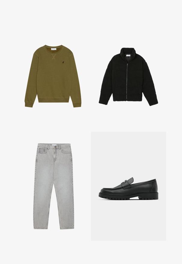 Musta, pörröinen vetoketjullinen takki, valmistettu teksturoidusta fleecemateriaalista. Siinä on korkea kaulus ja sivutaskut. Suorakaiteen muotoinen vartalo ja pitkät hihat.; Pier One Collegepaita - khaki; Vaaleanharmaat farkut, joissa on suora lahje, viisi taskua ja nappisulku. Saumojen varrella näkyvä ompelu.; Musta nahkaloafers, joissa on pyöreä kärki, ommeltu pinta, matala alusta ja kuvioitu, kuminen ulkopohja.