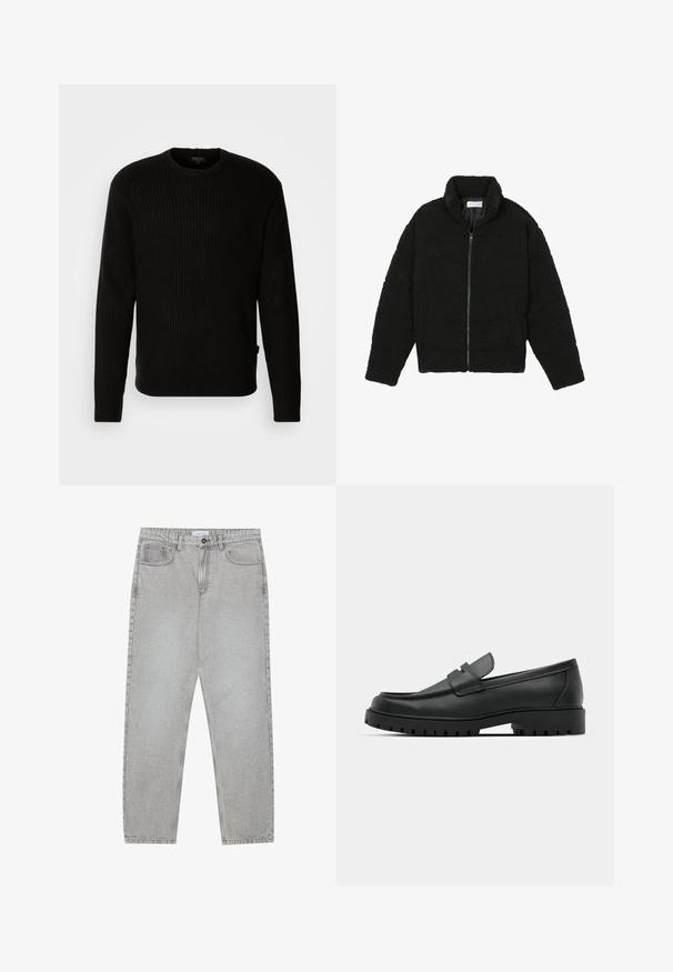 Schwarze, flauschige Jacke mit Reißverschluss aus strukturiertem Fleece-Stoff. Verfügt über einen hohen Kragen und Seitentaschen. Rechteckige Körperform mit langen Ärmeln.; Schwarzer Ripp-Pullover mit Rundhalsausschnitt und langen Ärmeln. Hergestellt aus einem strukturierten Stoff. Verfügt über ein kleines Markenetikett am Saum.; Helle graue Jeanshose mit gerade geschnittenem Design, Fünf-Taschen-Stil und Knopfverschluss. Sichtbare Nähte entlang der Seitennähte.; Schwarze Lederloafer mit runder Zehenform, ausgestattet mit einem gesteppten Design, niedrigem Plattformsohle und einer strukturierten, genoppten Gummisohle.