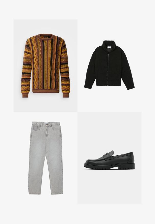 Veste noire duveteuse avec fermeture éclair, fabriquée en tissu polaire texturé. Comprend un col montant et des poches latérales. Forme rectangulaire du corps avec manches longues.; Pull en tricot marron, jaune et noir avec des motifs verticaux. Il présente des poignets et un col côtelés, ainsi que des détails texturés partout.; Pantalon en denim gris clair avec une coupe droite, cinq poches et une fermeture à bouton. Coutures visibles le long des coutures.; Mocassins en cuir noir à bout arrondi, avec un design cousu, une semelle plateforme basse et une semelle en caoutchouc texturée et crantée.
