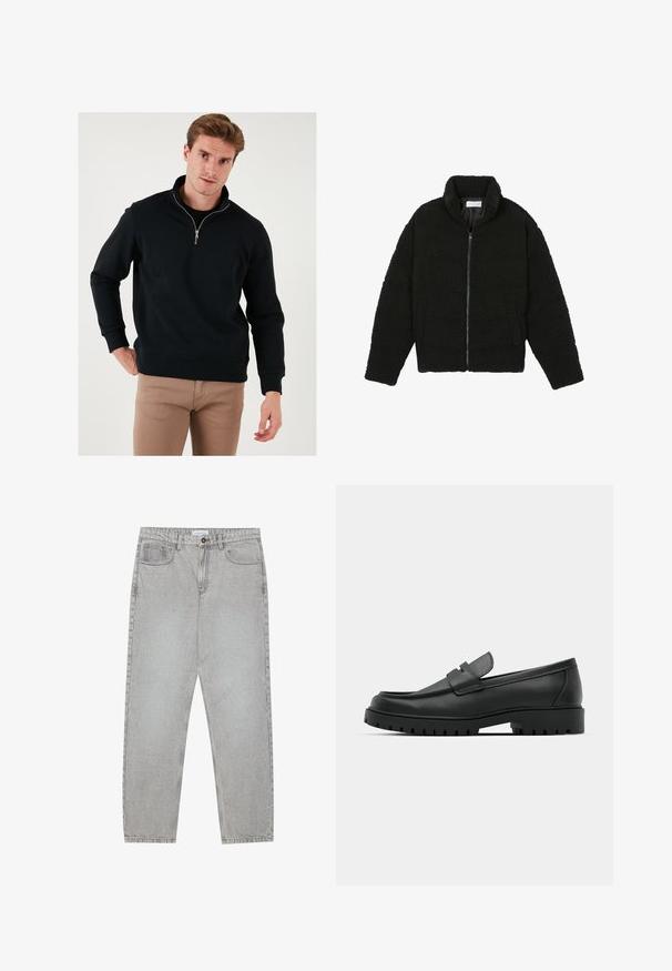 Pier One Jakna od flisa - black; Crna dukserica na zatvaranje s visokim ovratnikom, dugim rukavima i opuštenim krojem. Izrađena od mekane tkanine s rebrastim manžetama i rubom.; Svijetlosivi traper hlače s ravnim nogavicama, stilom s pet džepova i kopčanjem na gumb. Vidljivo šivenje duž šavova.; Crne kožne mokasine s zaobljenim vrhom, s ušivenim dizajnom, niskom platformom i teksturiranim, gumenim potplatom s izbočinama.